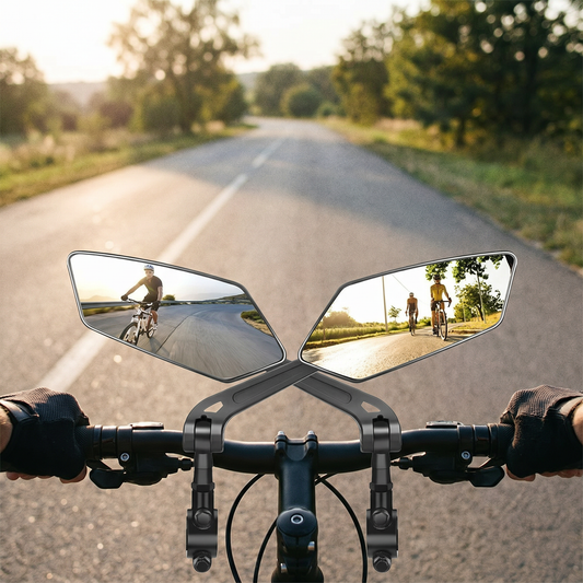 Wide-Angle Bike Mirrors — outdoors on a road/path — real-scene lifestyle v4