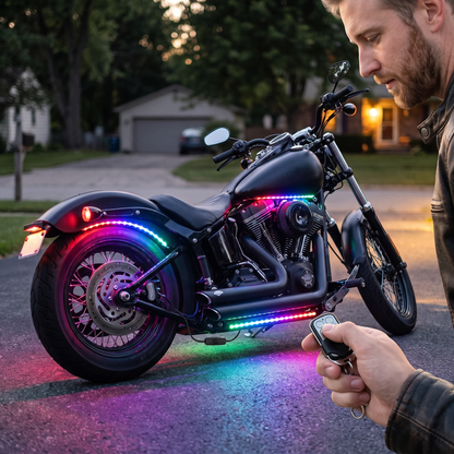 Motorcycle LED Light Kit — outdoors on a driveway/street at dusk — real-scene lifestyle v4