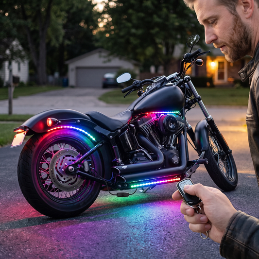 Motorcycle LED Light Kit — outdoors on a driveway/street at dusk — real-scene lifestyle v4