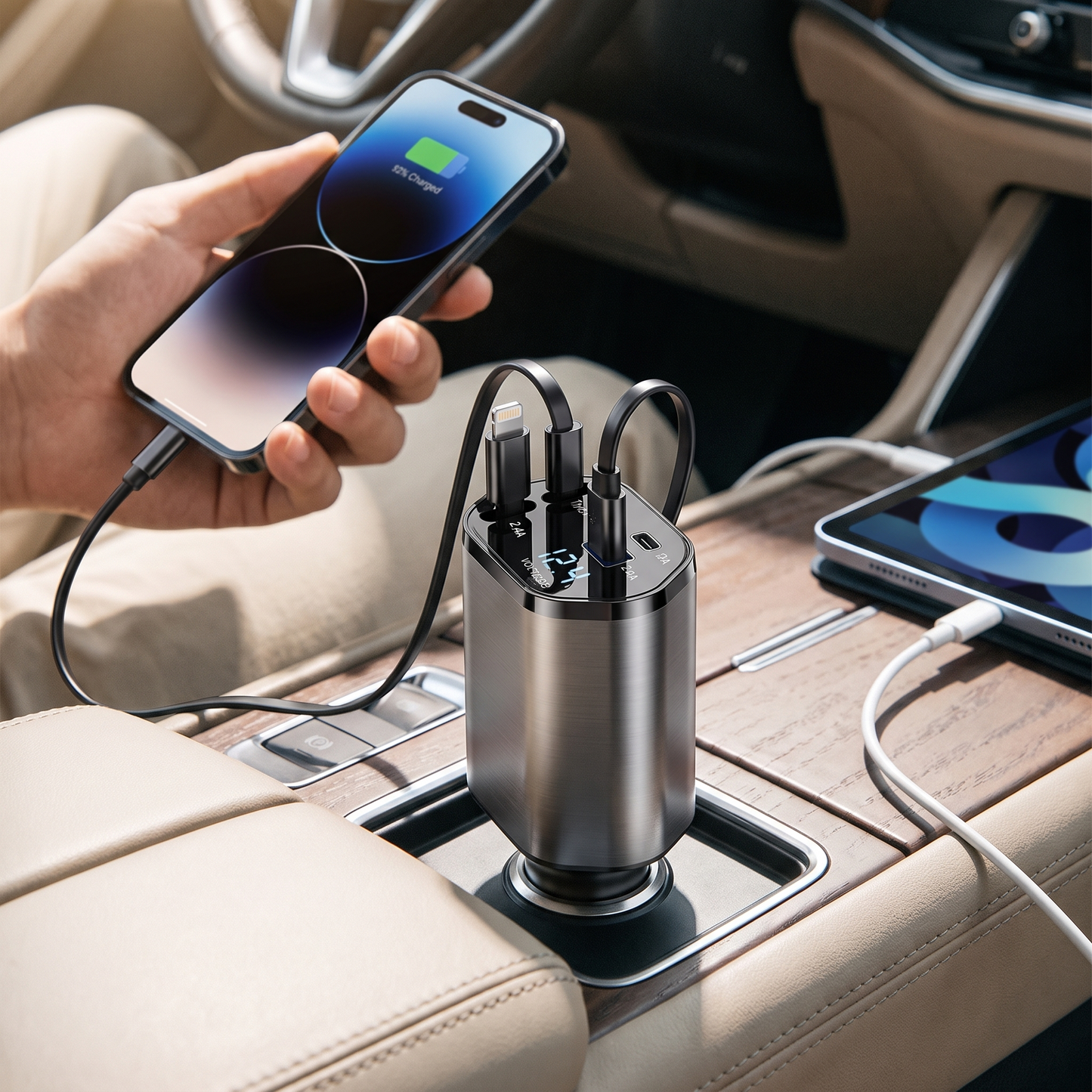Retractable Car Charger — inside a real car cabin — real-scene lifestyle v4