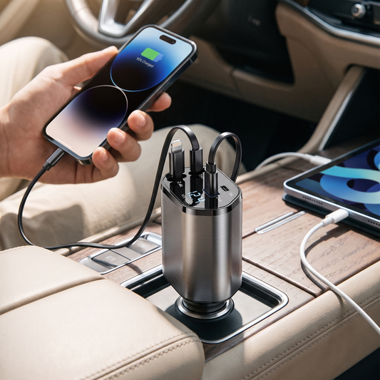 Retractable Car Charger — inside a real car cabin — real-scene lifestyle v4