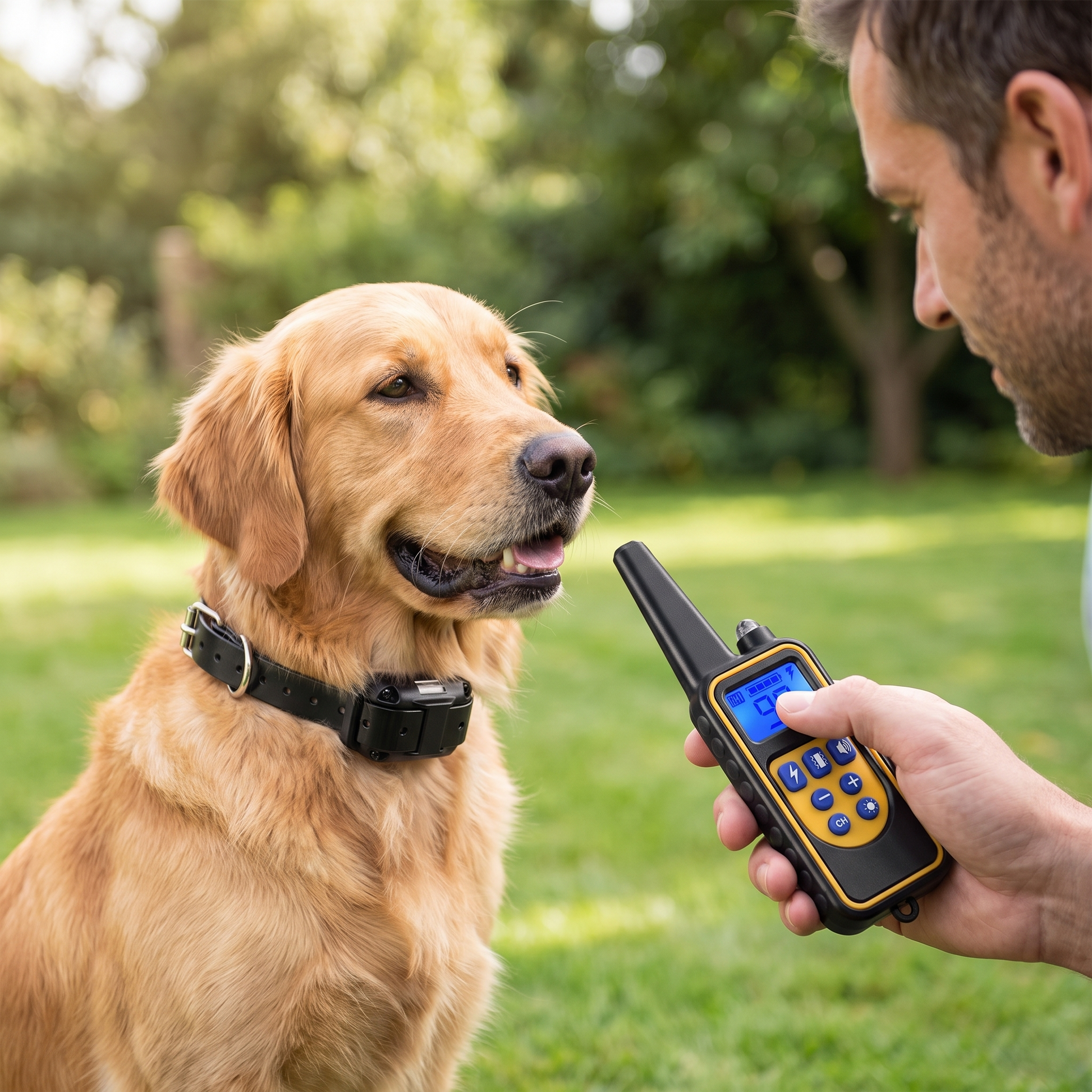 Electronic Dog Training Collar — outdoor grassy yard — real-scene lifestyle v4