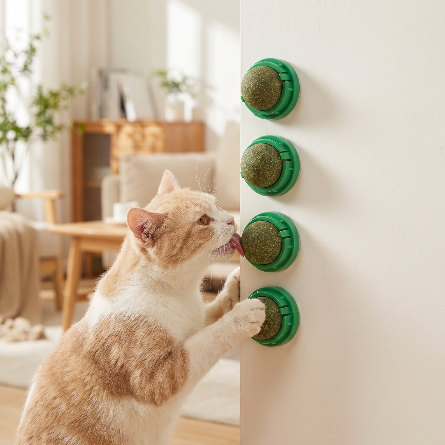 Catnip Balls — cozy living room wall/furniture surface — real-scene lifestyle v4