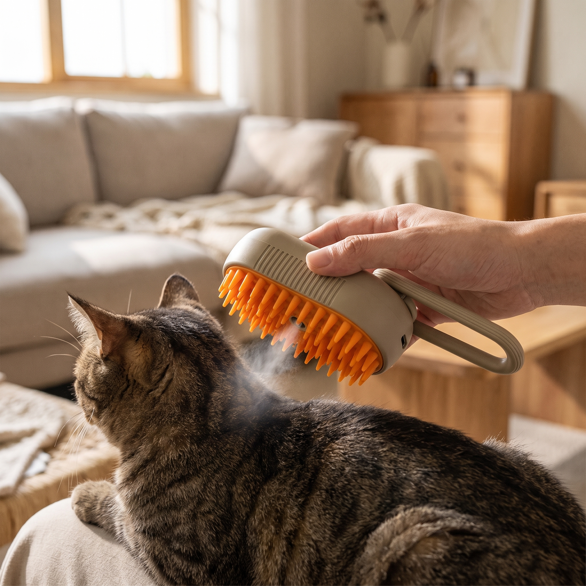 Pet Steam Grooming Brush — cozy living room — real-scene lifestyle v4
