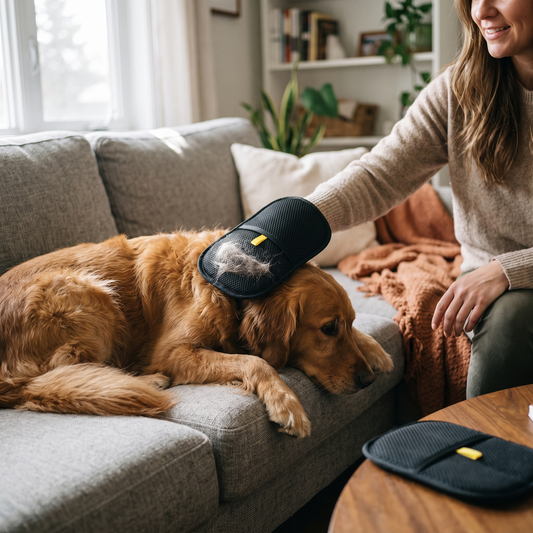 Pet Hair Remover Glove — living room couch — real-scene lifestyle v4