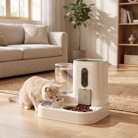 Pet Feeder with Water Dispenser — sunlit living room corner — real-scene lifestyle v4