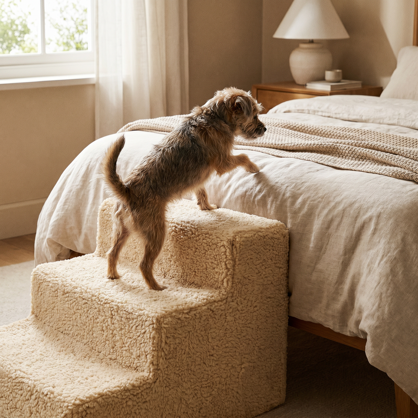 Portable Dog Stairs — warm bedroom beside a bed — real-scene lifestyle v4