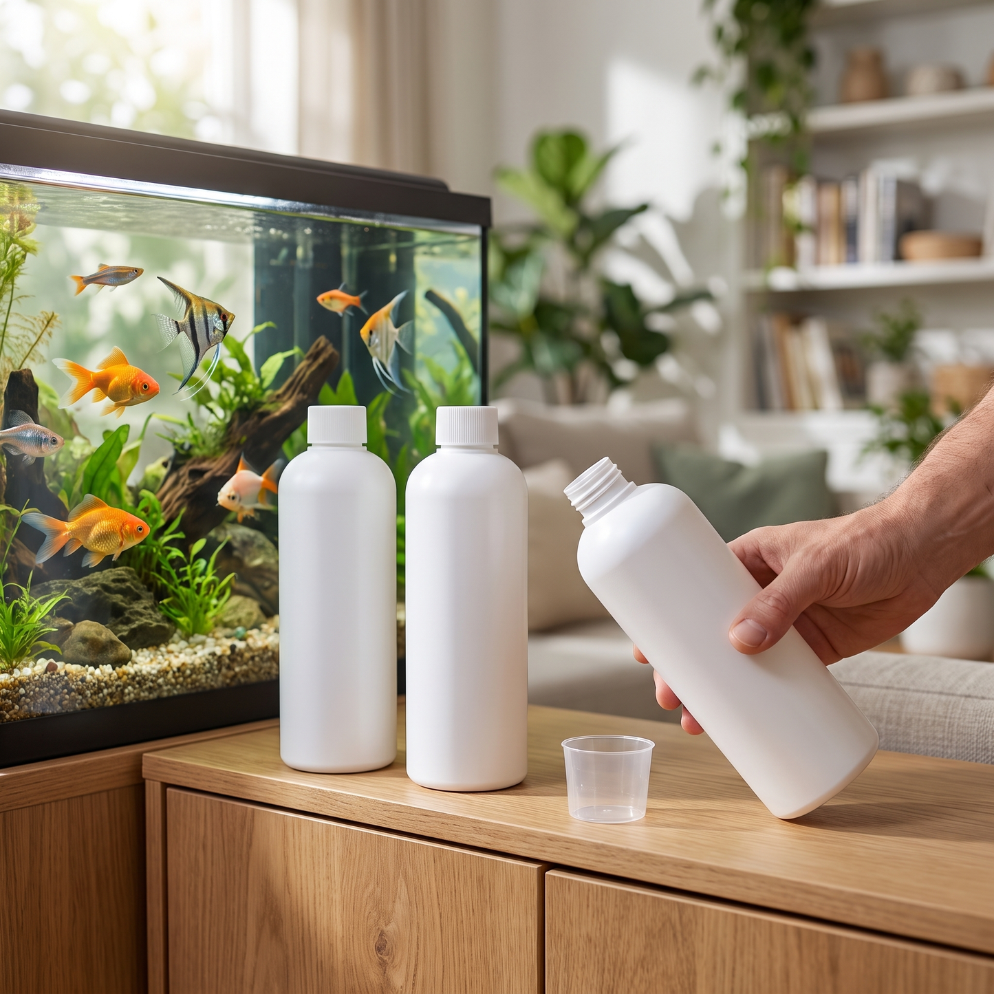 Fish Tank Cleaner Liquid — beside a real home freshwater aquarium with live fish — real-scene lifestyle v4