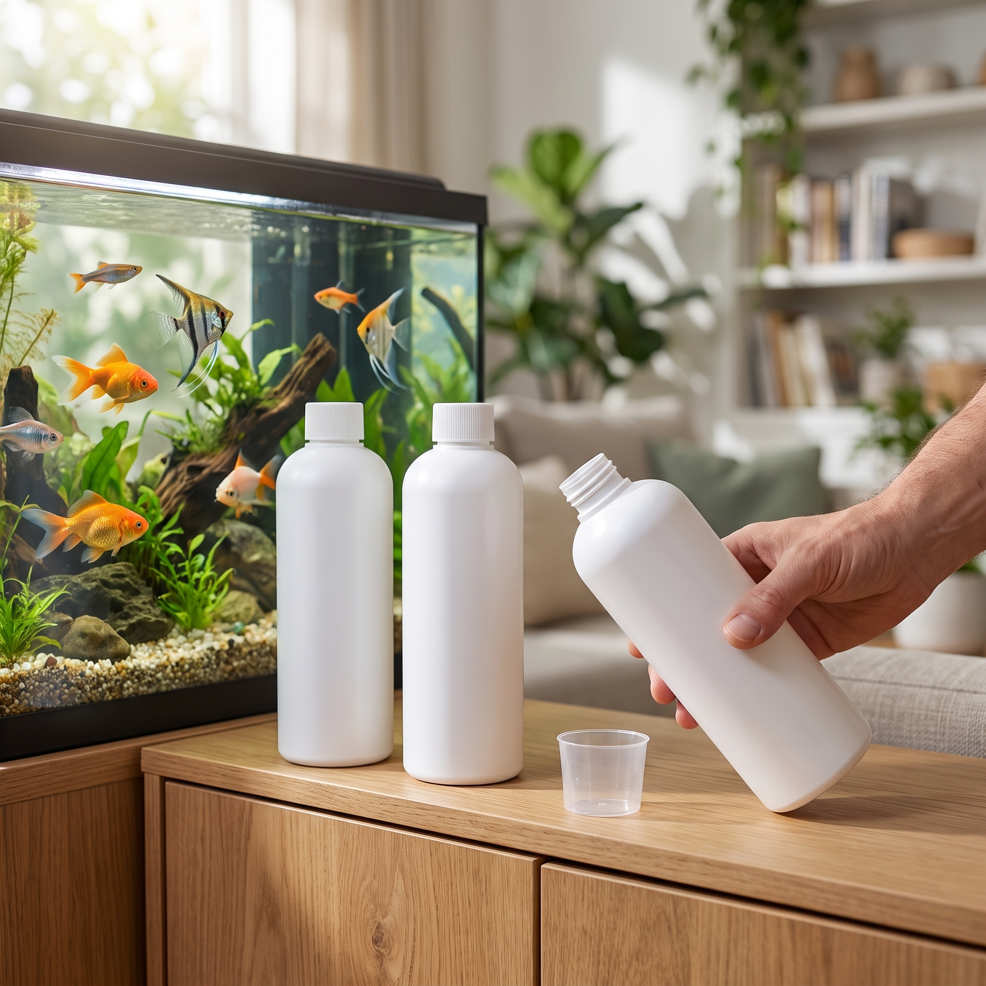 Fish Tank Cleaner Liquid — beside a real home freshwater aquarium with live fish — real-scene lifestyle v4