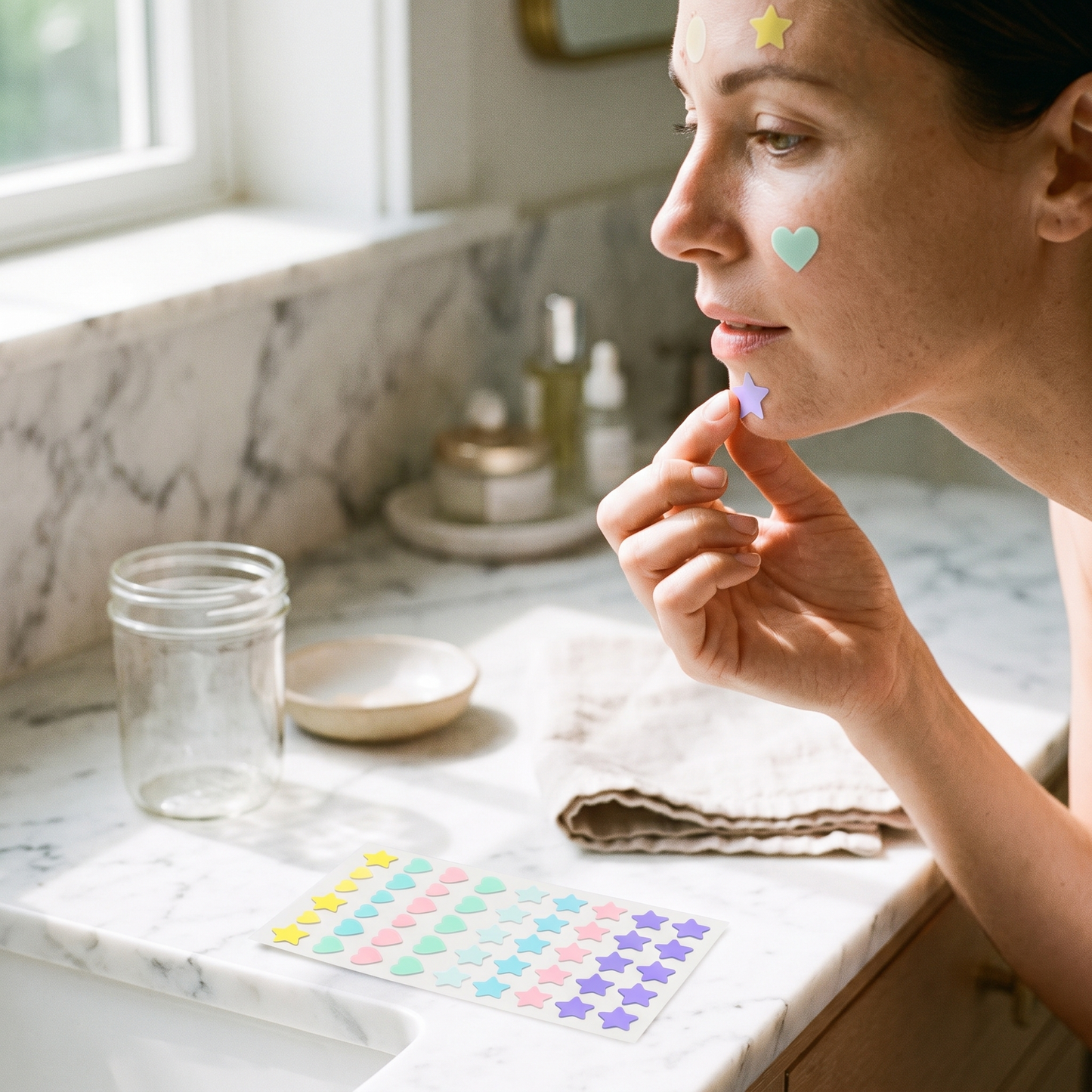 Colorful Pimple Patches — 240 pcs — bright marble bathroom vanity — real-scene lifestyle v4