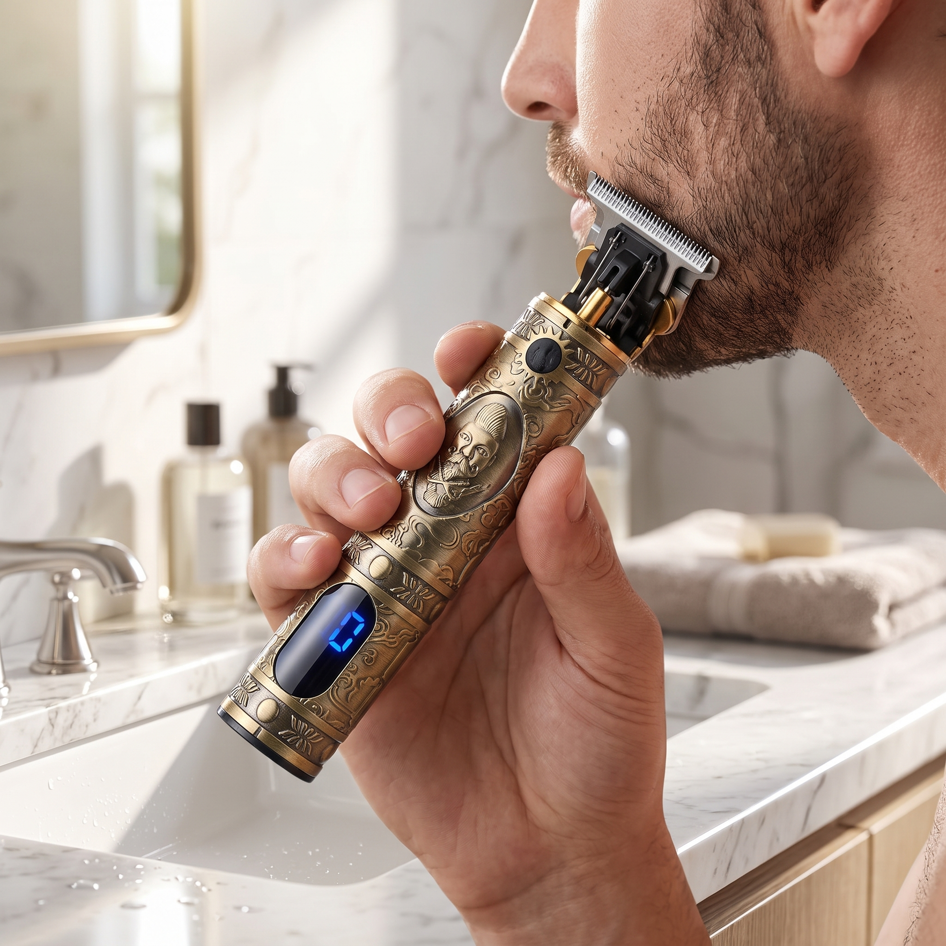 Precision Grooming Kit — bright marble bathroom vanity — real-scene lifestyle v4
