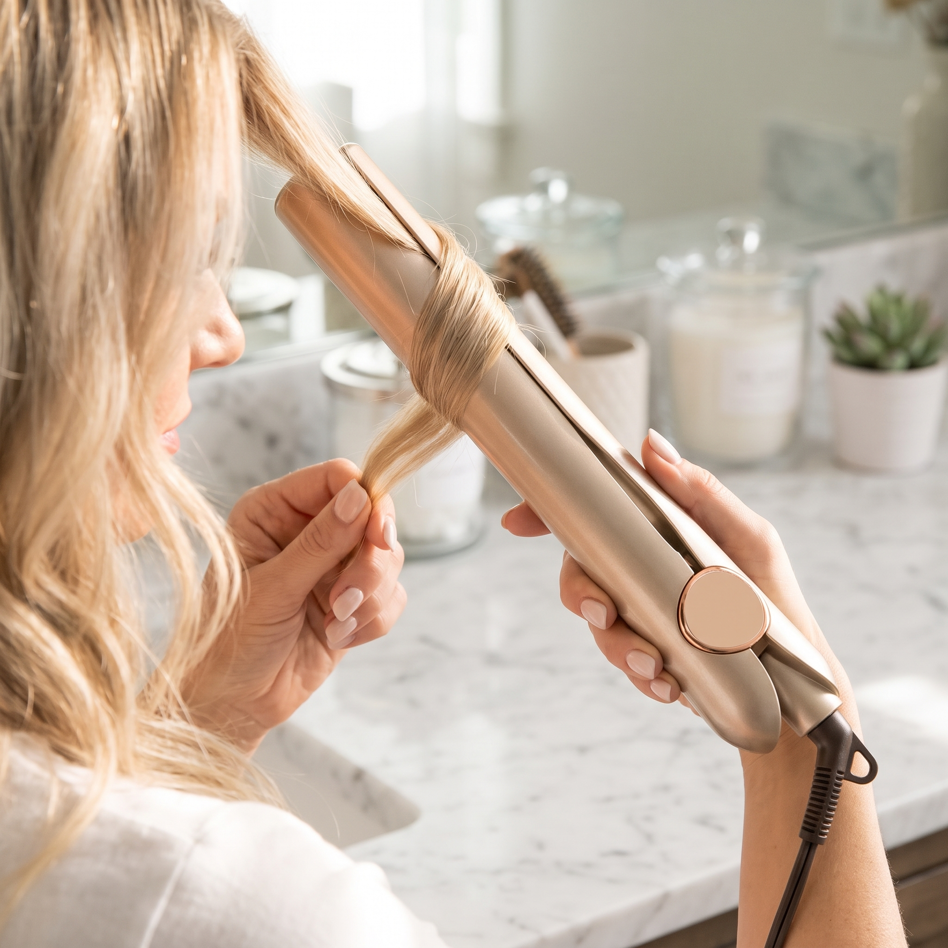 Salon Hair Styler — bright marble bathroom vanity — real-scene lifestyle v4