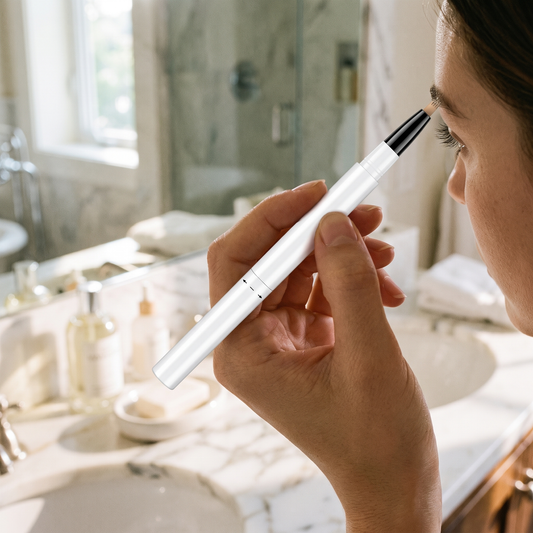 Eyebrow Pen — bright marble bathroom vanity mirror — real-scene lifestyle v4