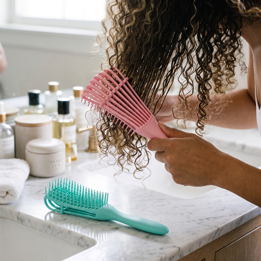Curly Hair Detangling Brush — 2 pieces — bright marble bathroom vanity — real-scene lifestyle v4