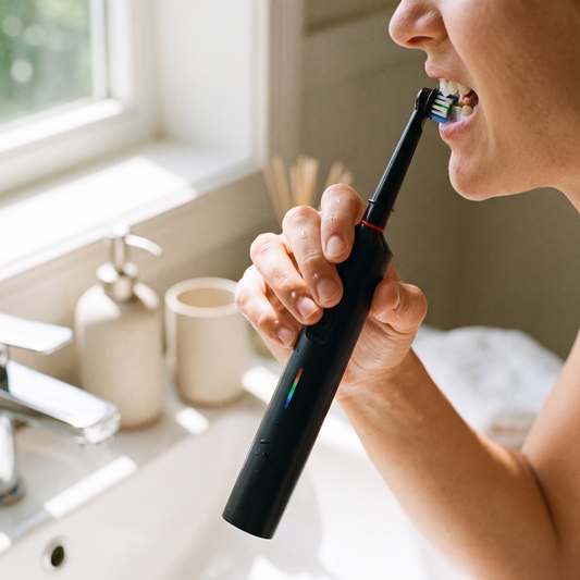 Rotating Electric Toothbrush — bright bathroom sink/vanity — real-scene lifestyle v4