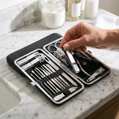 Stainless Steel Manicure Kit — 19 in 1 — bright marble bathroom vanity — real-scene lifestyle v4