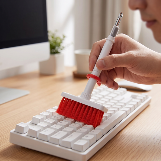 Keyboard and Earphone Cleaner — clean modern desk — real-scene lifestyle v4