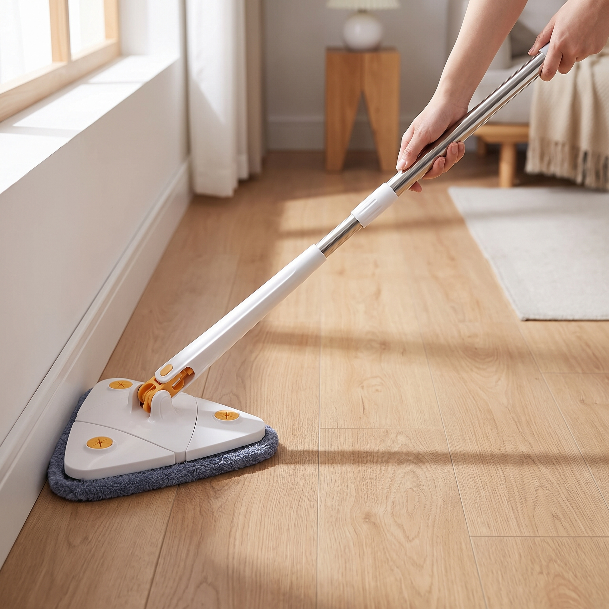 Triangular Spin Mop — home living-room floor near a window/corner — real-scene lifestyle v4