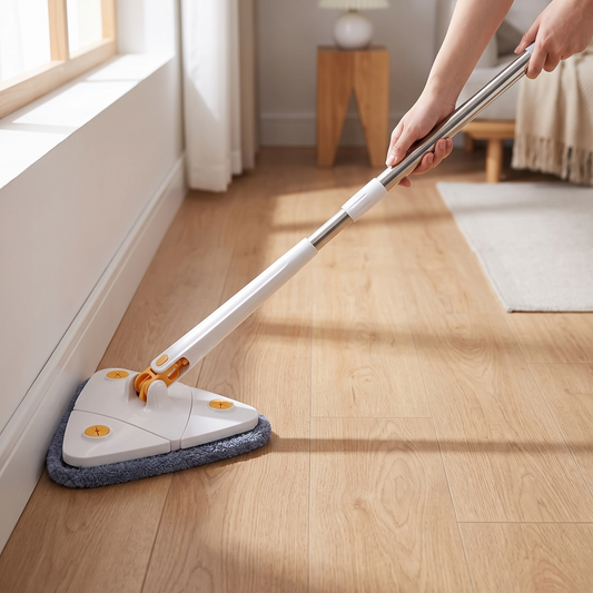 Triangular Spin Mop — home living-room floor near a window/corner — real-scene lifestyle v4
