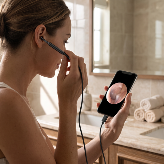 Ear Cleaning Endoscope — bathroom vanity with mirror — real-scene lifestyle v4