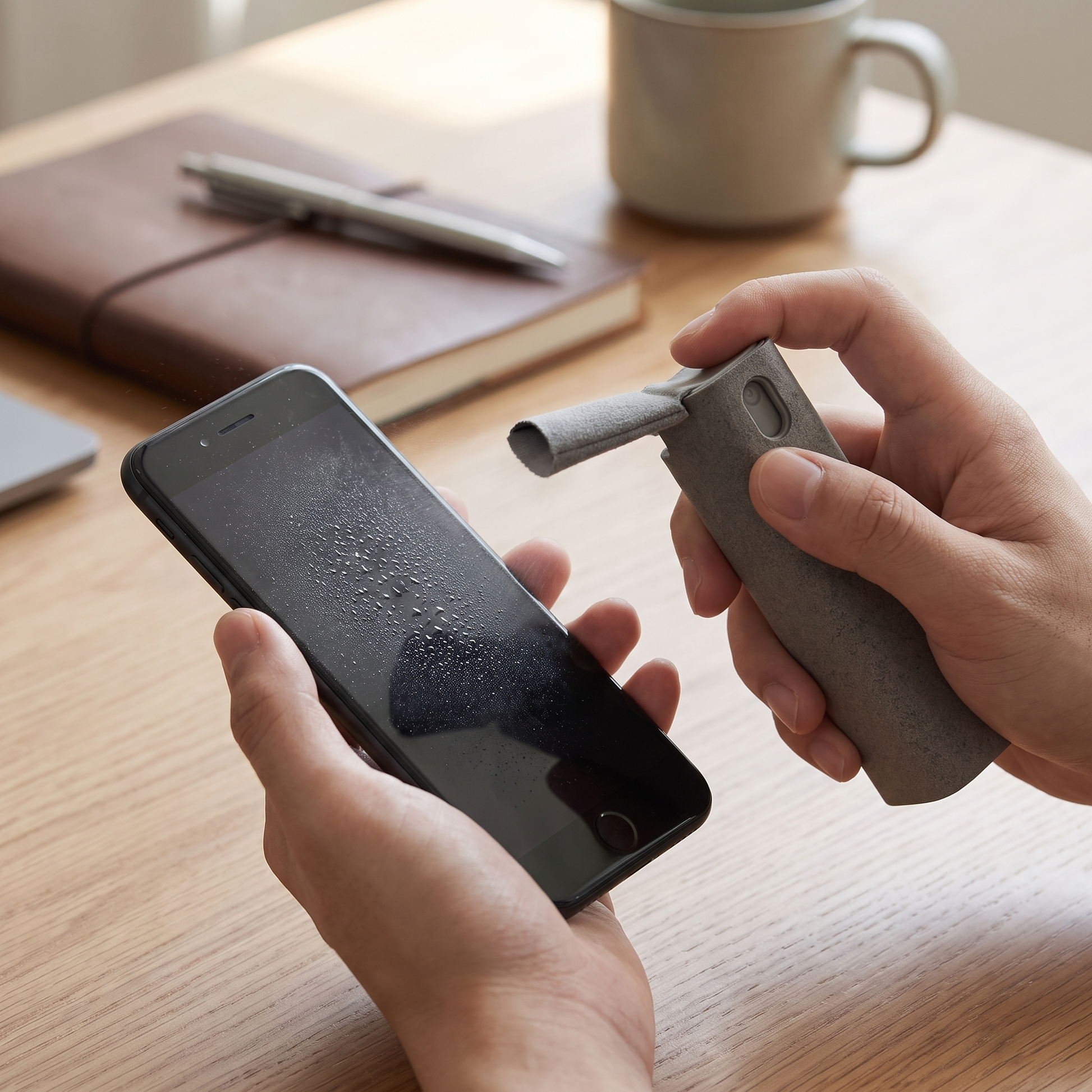 Screen Cleaner Spray — clean desk with notebook/pen/mug — real-scene lifestyle v4