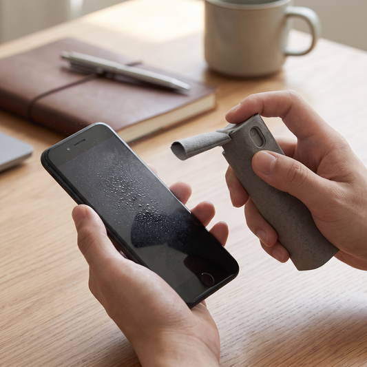 Screen Cleaner Spray — clean desk with notebook/pen/mug — real-scene lifestyle v4