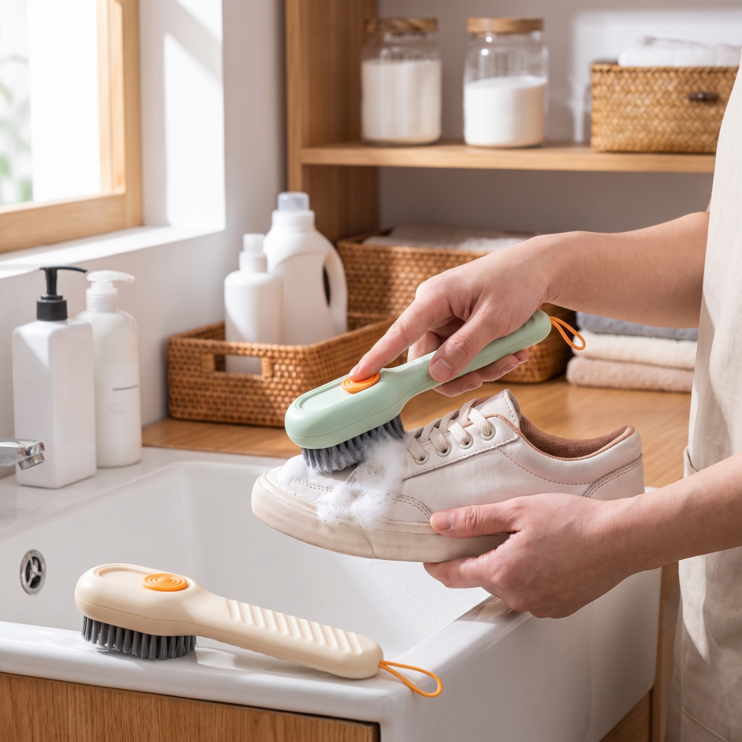 Soap-Dispensing Shoe Brush — laundry/utility room by sink — real-scene lifestyle v4