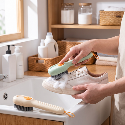 Soap-Dispensing Shoe Brush — laundry/utility room by sink — real-scene lifestyle v4