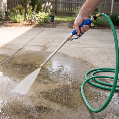 High-Pressure Hose Cleaner — outdoor driveway/patio — real-scene lifestyle v4