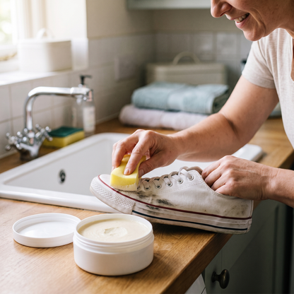 White Shoe Cleaning Cream — home laundry/bathroom sink counter — real-scene lifestyle v4