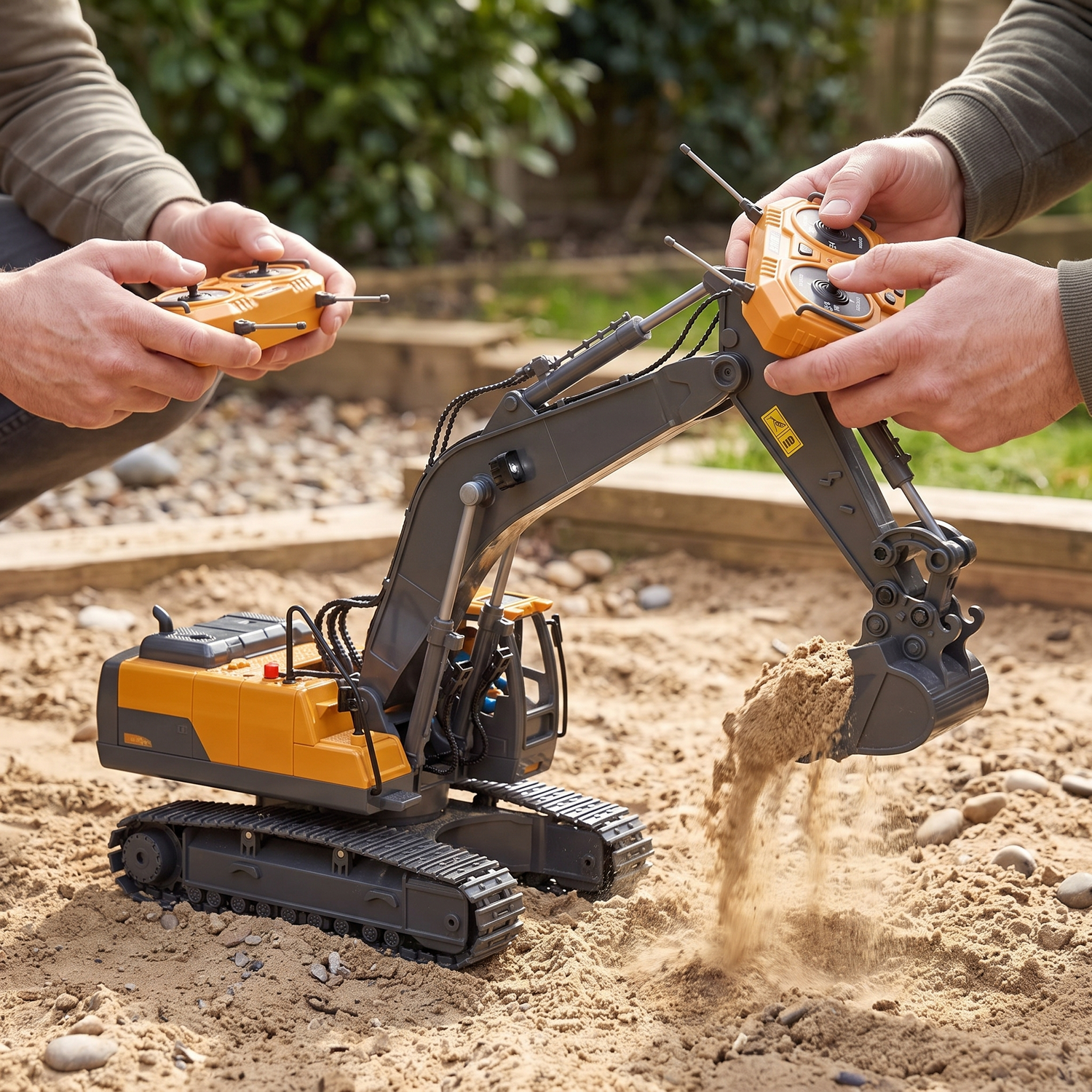 Remote Control Excavator — outdoor dirt/gravel play area with sand pile — real-scene lifestyle v4