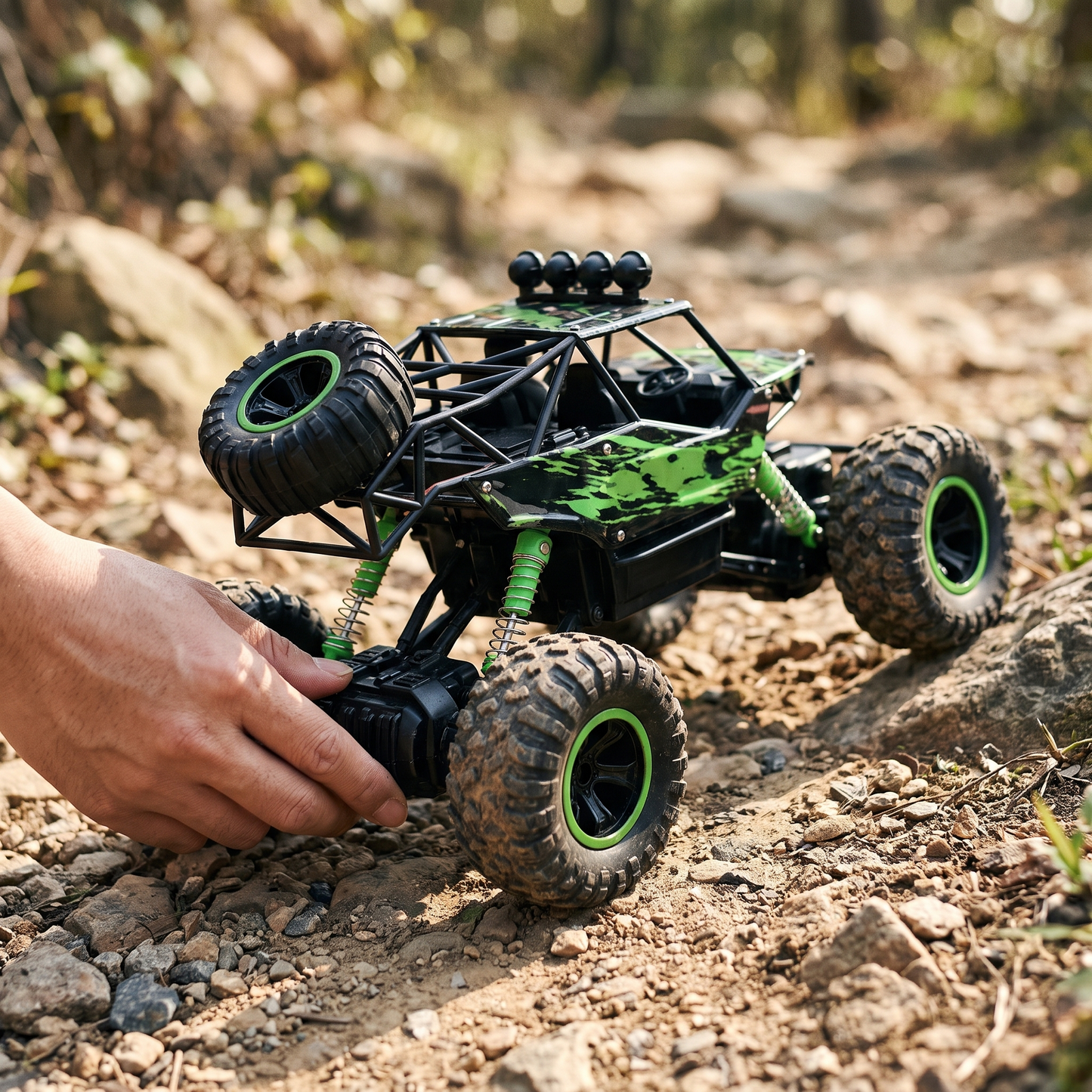 Rock Crawler Monster Truck — outdoor rocky dirt trail/path — real-scene lifestyle v4