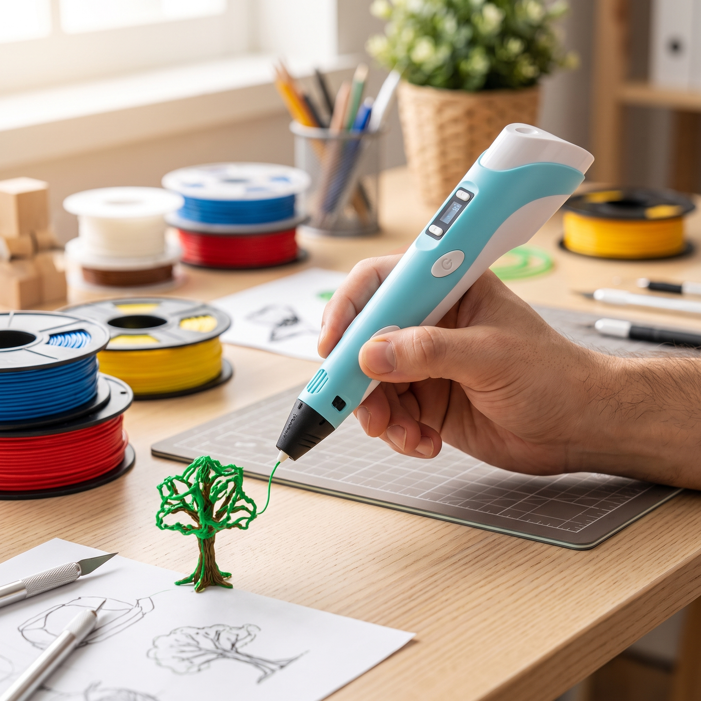 3D Printing Pen — clean craft desk with filament spools — real-scene lifestyle v4