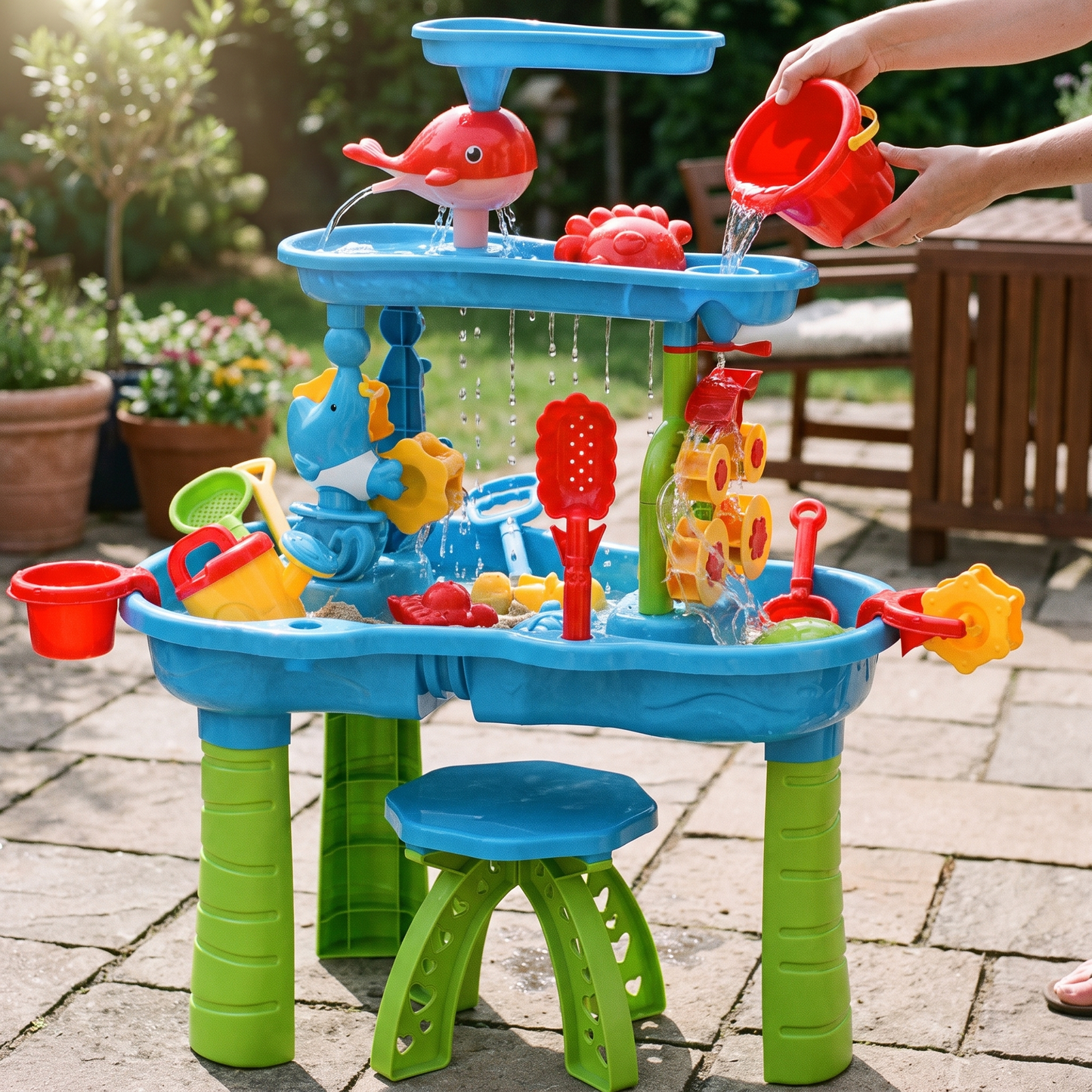 Sand and Water Table — sunny backyard patio — real-scene lifestyle v4