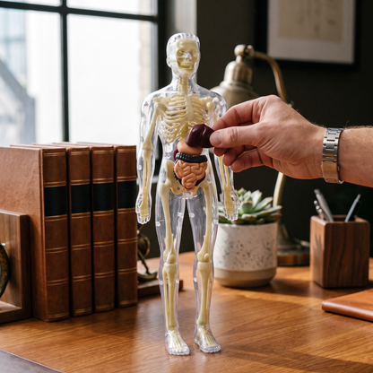 Human Body Anatomy Model — desk/study space with leather-bound books — real-scene lifestyle v4
