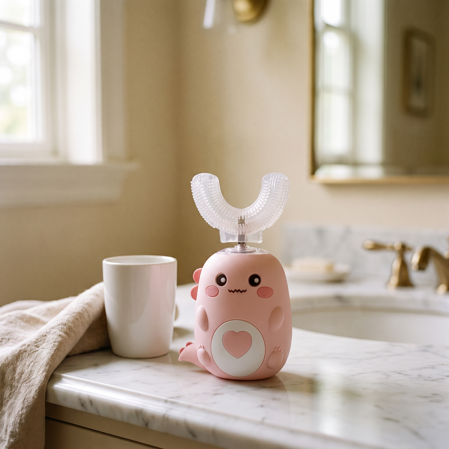 Kids Sonic Electric Toothbrush — bright bathroom vanity with marble counter — real-scene lifestyle v4