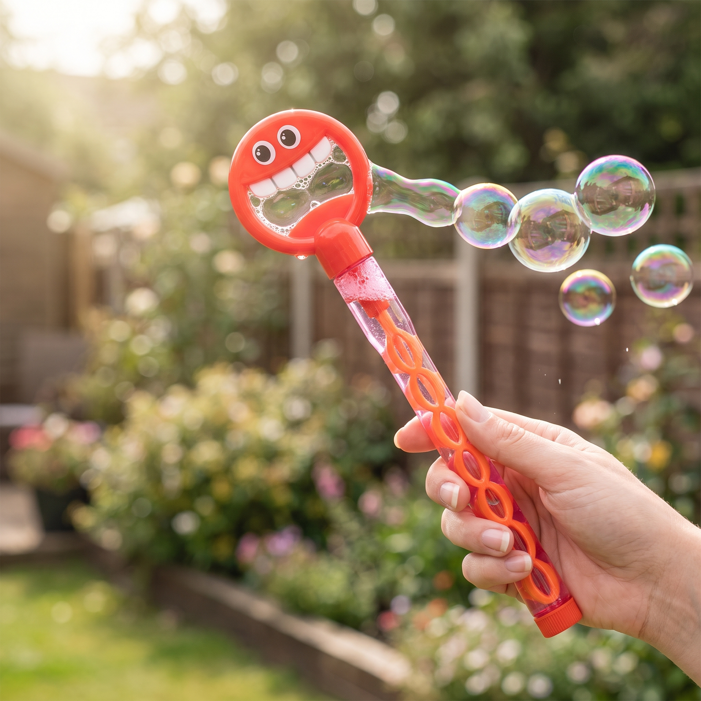 Smiling Face Bubble Wand — sunny backyard/garden with flower beds — real-scene lifestyle v4
