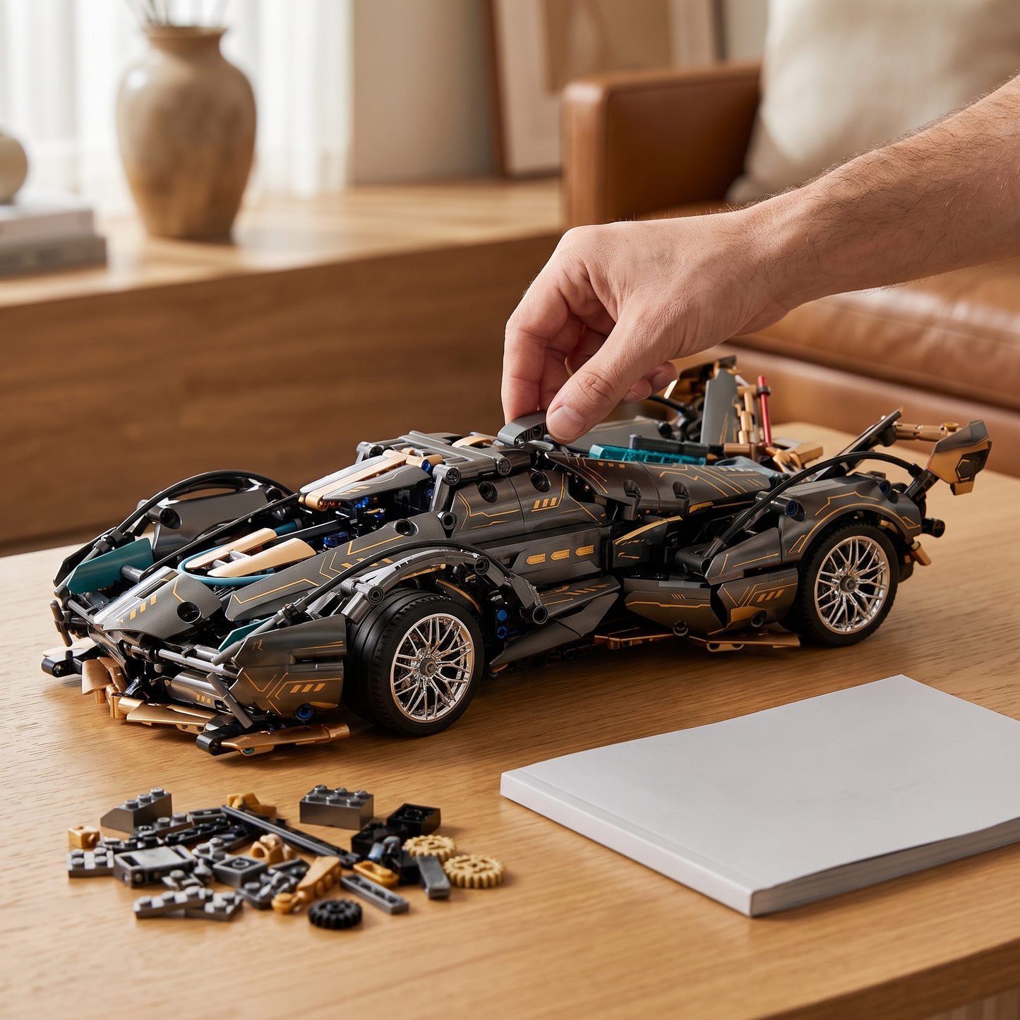 Model Car Building Blocks — 1690 pcs — clean home tabletop — real-scene lifestyle v4