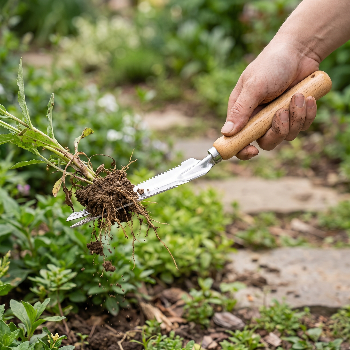Stainless Steel Weed Puller — outdoor garden bed — real-scene lifestyle v4