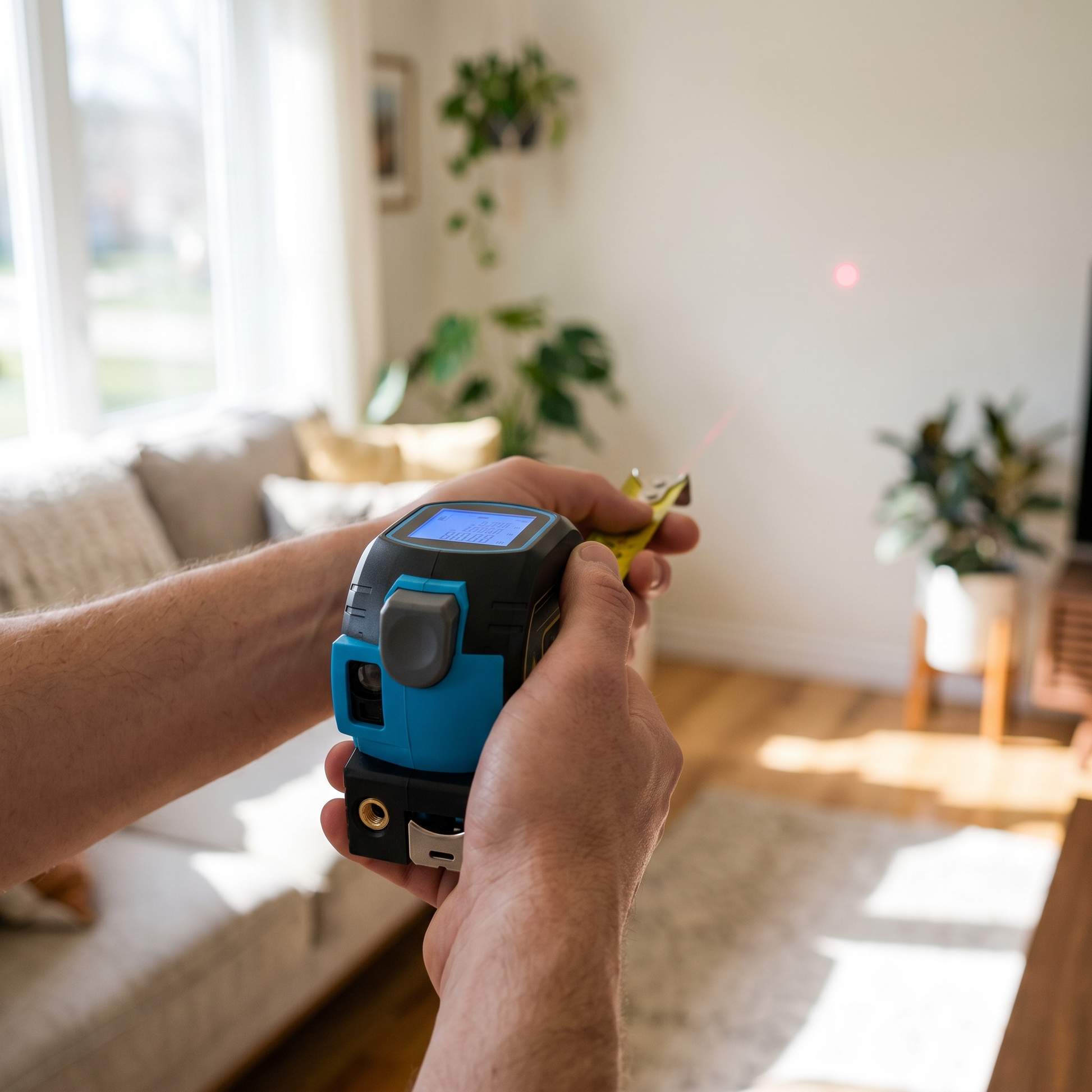 Infrared Laser Tape Measure — bright living room — real-scene lifestyle v4