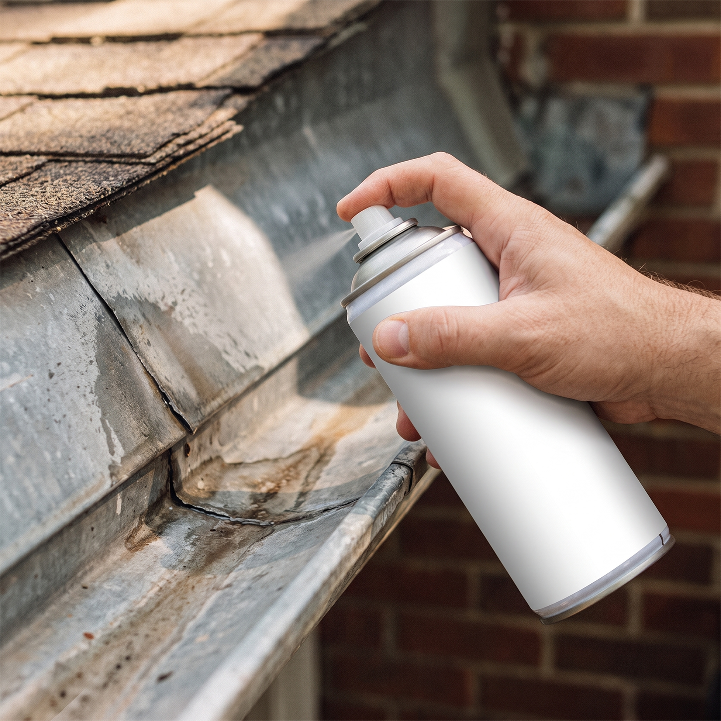 Waterproof Sealant Spray — exterior roofline gutter leak — real-scene lifestyle v4