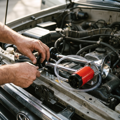 Dual Trumpet Air Horn — vehicle engine bay install — real-scene lifestyle v4