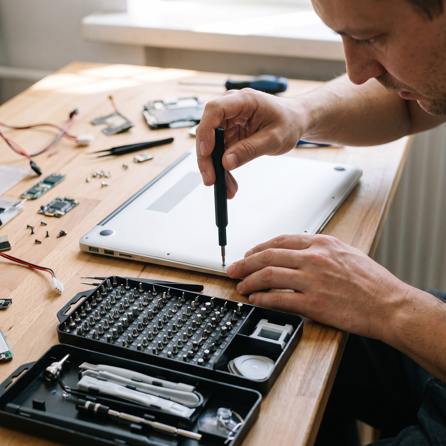 Precision Screwdriver Bit Set — home workbench mid-repair — real-scene lifestyle v4