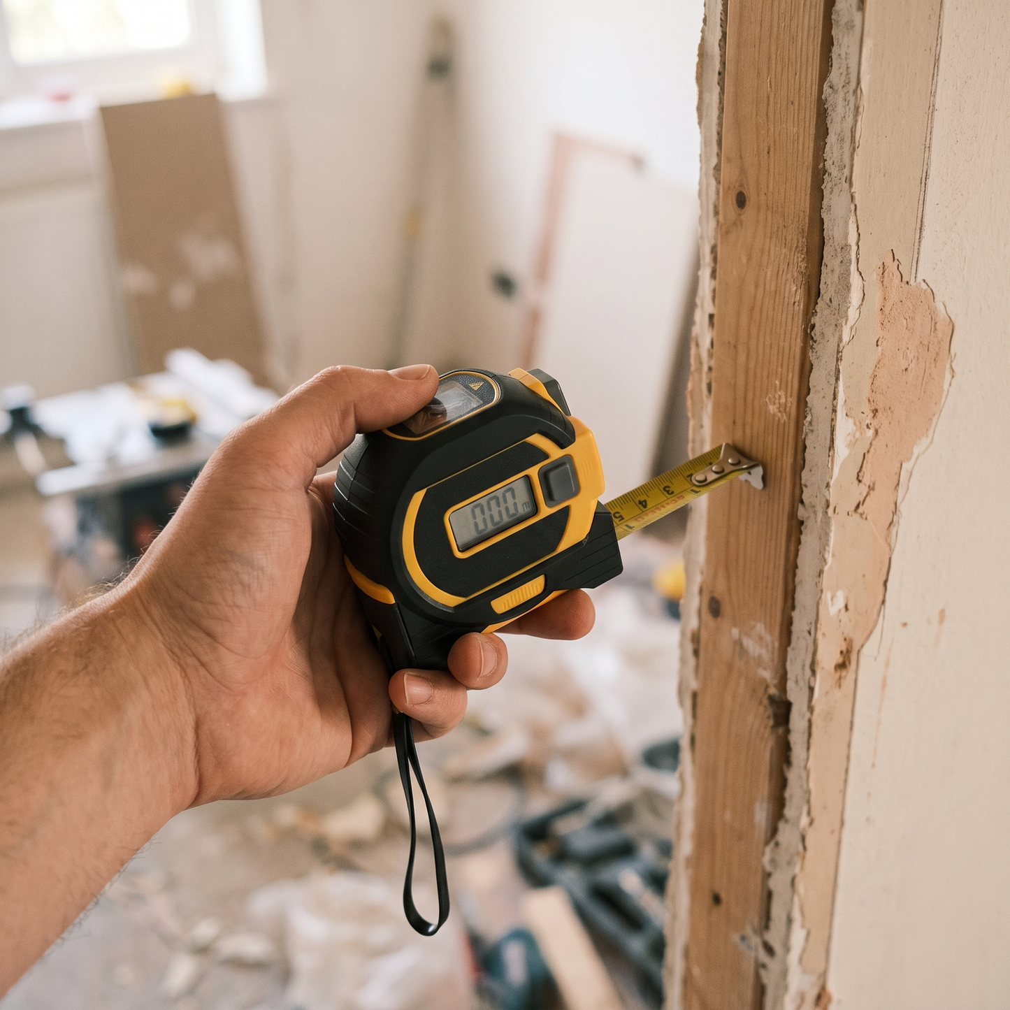 Laser Tape Measure — home renovation worksite — real-scene lifestyle v4