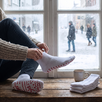 Self-Heating Winter Socks — cozy indoor threshold — real-scene lifestyle v4