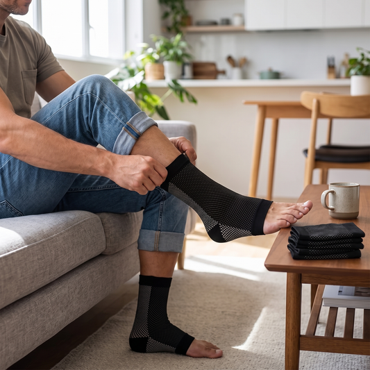 Compression Therapy Socks — warm living room — real-scene lifestyle v4