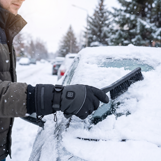 Rechargeable Heated Gloves — cold snowy winter outdoors — real-scene lifestyle v4