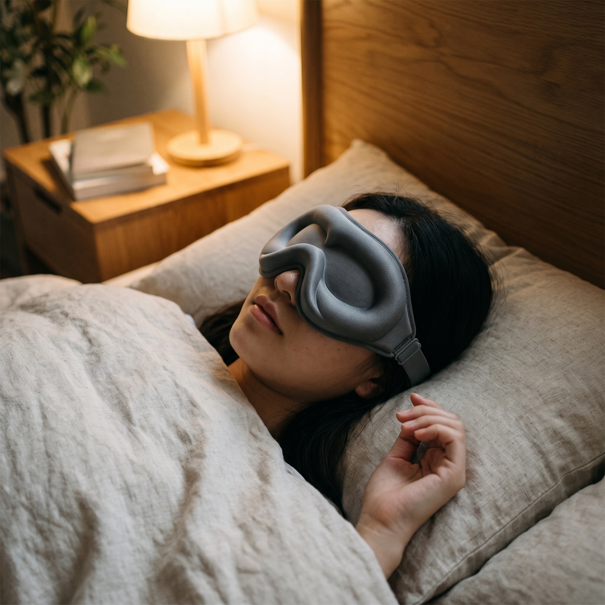 Memory Foam Sleep Mask — calm bedroom — real-scene lifestyle v4