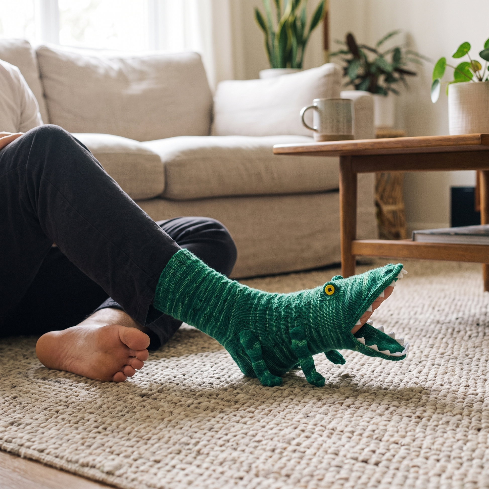 Knitted Crocodile Socks — cozy home interior — real-scene lifestyle v4