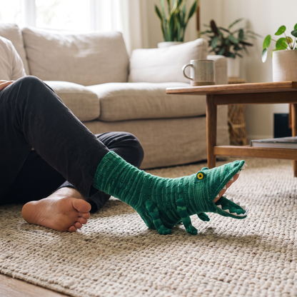Knitted Crocodile Socks — cozy home interior — real-scene lifestyle v4